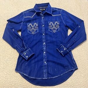 Shyanne Blue Western Style Shirt with Embroidery Pearl Snaps Med